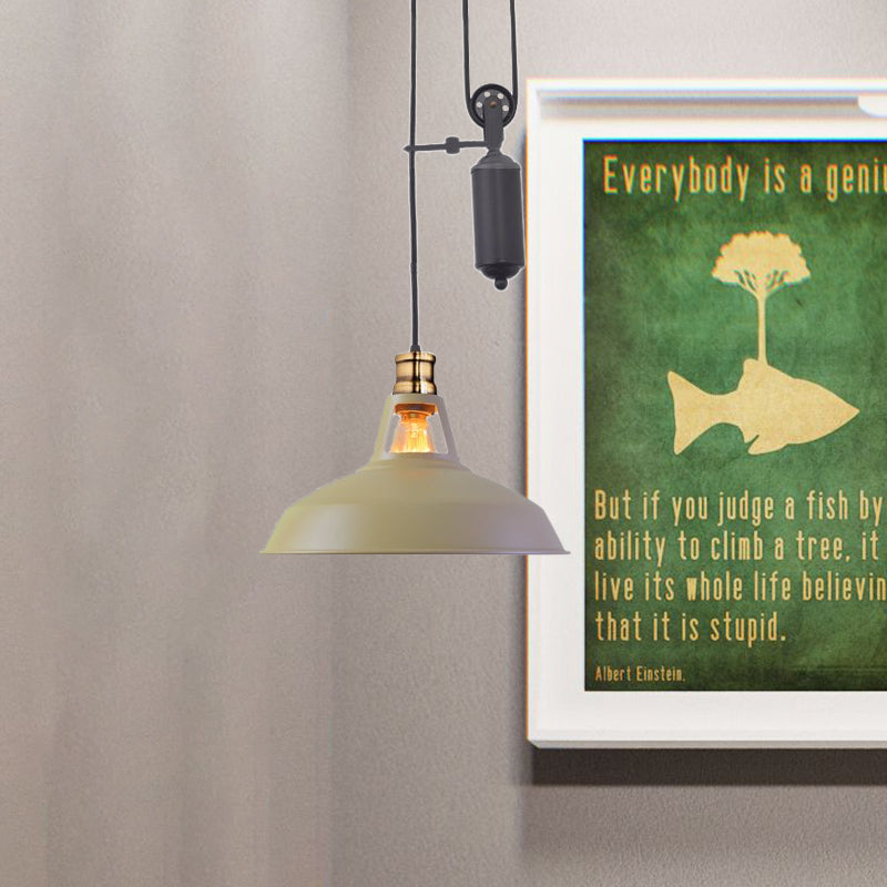 1 Light Barn Pendant Ceiling Lamp Farmhouse Style Black/Beige/Rust/White Metallic Hanging Light with Pulley for Bedroom Clearhalo 'Art Deco Pendants' 'Black' 'Cast Iron' 'Ceiling Lights' 'Ceramic' 'Crystal' 'Industrial Pendants' 'Industrial' 'Metal' 'Middle Century Pendants' 'Pendant Lights' 'Pendants' 'Rustic Pendants' 'Tiffany' Lighting' 600340