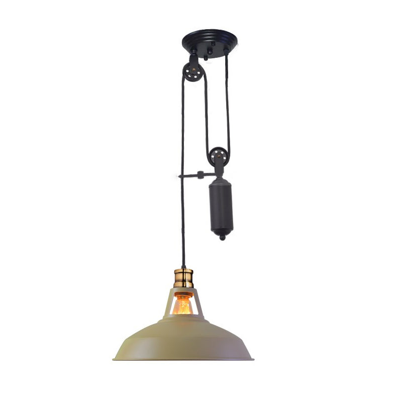 1 Light Barn Pendant Ceiling Lamp Farmhouse Style Black/Beige/Rust/White Metallic Hanging Light with Pulley for Bedroom Clearhalo 'Art Deco Pendants' 'Black' 'Cast Iron' 'Ceiling Lights' 'Ceramic' 'Crystal' 'Industrial Pendants' 'Industrial' 'Metal' 'Middle Century Pendants' 'Pendant Lights' 'Pendants' 'Rustic Pendants' 'Tiffany' Lighting' 600341