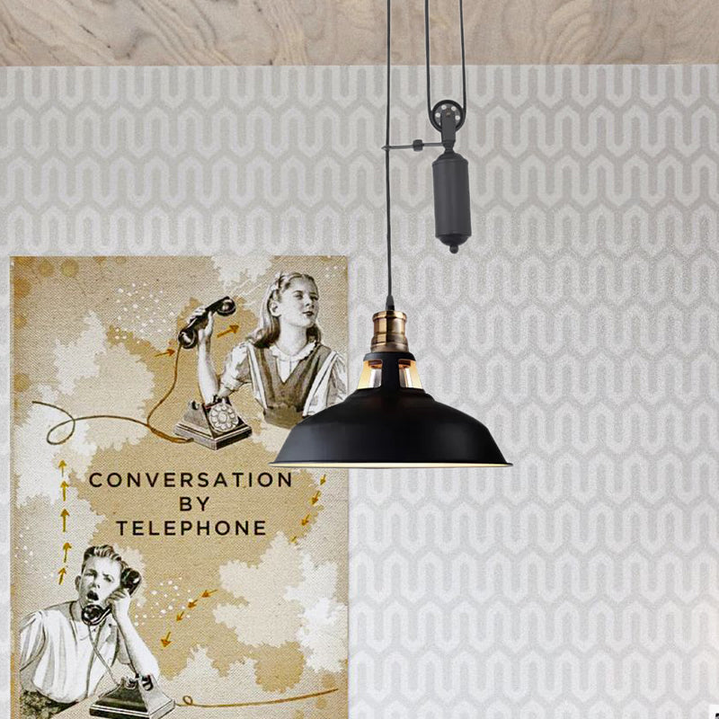 1 Light Barn Pendant Ceiling Lamp Farmhouse Style Black/Beige/Rust/White Metallic Hanging Light with Pulley for Bedroom Clearhalo 'Art Deco Pendants' 'Black' 'Cast Iron' 'Ceiling Lights' 'Ceramic' 'Crystal' 'Industrial Pendants' 'Industrial' 'Metal' 'Middle Century Pendants' 'Pendant Lights' 'Pendants' 'Rustic Pendants' 'Tiffany' Lighting' 600344