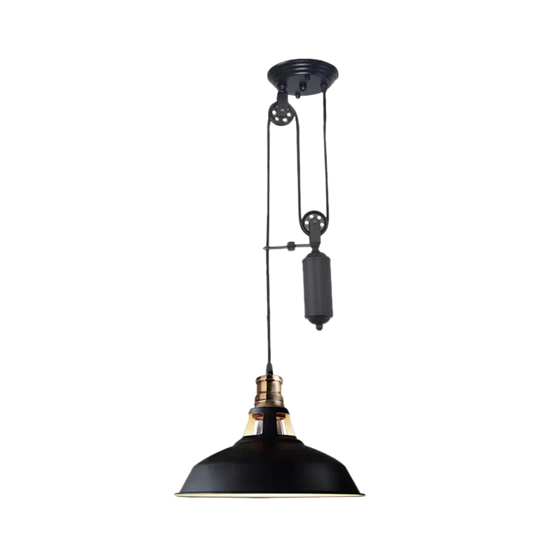 1 Light Barn Pendant Ceiling Lamp Farmhouse Style Black/Beige/Rust/White Metallic Hanging Light with Pulley for Bedroom Clearhalo 'Art Deco Pendants' 'Black' 'Cast Iron' 'Ceiling Lights' 'Ceramic' 'Crystal' 'Industrial Pendants' 'Industrial' 'Metal' 'Middle Century Pendants' 'Pendant Lights' 'Pendants' 'Rustic Pendants' 'Tiffany' Lighting' 600346