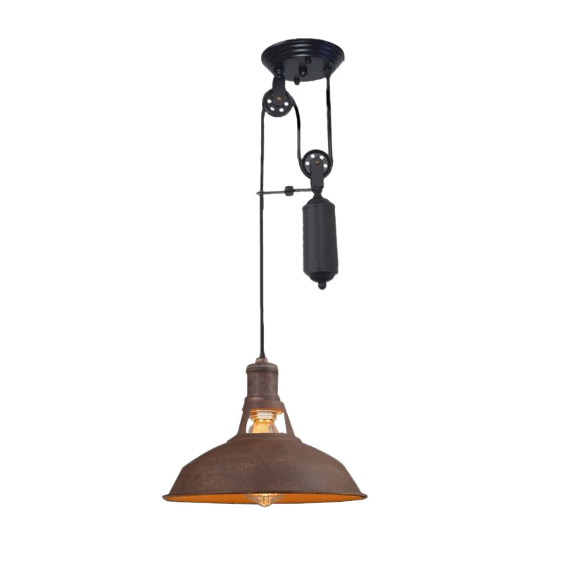 1 Light Barn Pendant Ceiling Lamp Farmhouse Style Black/Beige/Rust/White Metallic Hanging Light with Pulley for Bedroom Clearhalo 'Art Deco Pendants' 'Black' 'Cast Iron' 'Ceiling Lights' 'Ceramic' 'Crystal' 'Industrial Pendants' 'Industrial' 'Metal' 'Middle Century Pendants' 'Pendant Lights' 'Pendants' 'Rustic Pendants' 'Tiffany' Lighting' 600350