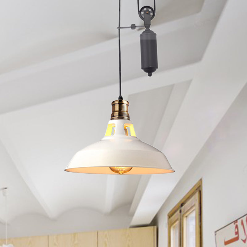 1 Light Barn Pendant Ceiling Lamp Farmhouse Style Black/Beige/Rust/White Metallic Hanging Light with Pulley for Bedroom Clearhalo 'Art Deco Pendants' 'Black' 'Cast Iron' 'Ceiling Lights' 'Ceramic' 'Crystal' 'Industrial Pendants' 'Industrial' 'Metal' 'Middle Century Pendants' 'Pendant Lights' 'Pendants' 'Rustic Pendants' 'Tiffany' Lighting' 600352