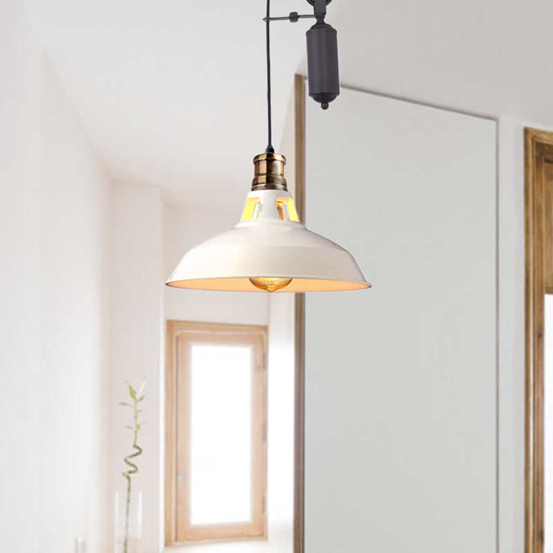 1 Light Barn Pendant Ceiling Lamp Farmhouse Style Black/Beige/Rust/White Metallic Hanging Light with Pulley for Bedroom Clearhalo 'Art Deco Pendants' 'Black' 'Cast Iron' 'Ceiling Lights' 'Ceramic' 'Crystal' 'Industrial Pendants' 'Industrial' 'Metal' 'Middle Century Pendants' 'Pendant Lights' 'Pendants' 'Rustic Pendants' 'Tiffany' Lighting' 600353