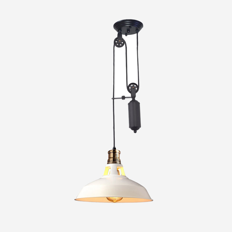 1 Light Barn Pendant Ceiling Lamp Farmhouse Style Black/Beige/Rust/White Metallic Hanging Light with Pulley for Bedroom Clearhalo 'Art Deco Pendants' 'Black' 'Cast Iron' 'Ceiling Lights' 'Ceramic' 'Crystal' 'Industrial Pendants' 'Industrial' 'Metal' 'Middle Century Pendants' 'Pendant Lights' 'Pendants' 'Rustic Pendants' 'Tiffany' Lighting' 600354