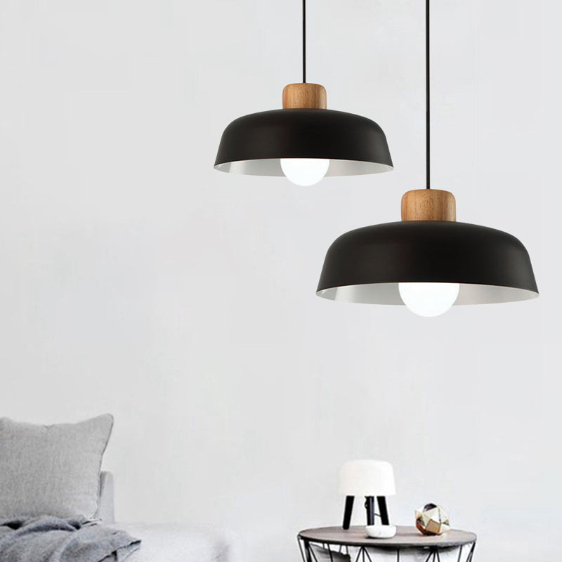 12"/15" W 1 Head Bowl Hanging Fixture Nordic Style Black/White Metal and Wood Pendant Lighting with Adjustable Cord Clearhalo 'Ceiling Lights' 'Modern Pendants' 'Modern' 'Pendant Lights' 'Pendants' Lighting' 600367