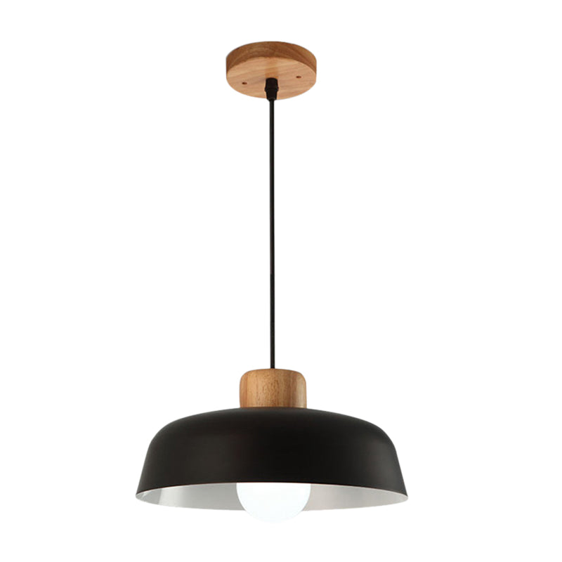 12"/15" W 1 Head Bowl Hanging Fixture Nordic Style Black/White Metal and Wood Pendant Lighting with Adjustable Cord Clearhalo 'Ceiling Lights' 'Modern Pendants' 'Modern' 'Pendant Lights' 'Pendants' Lighting' 600368