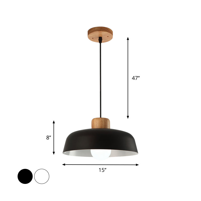 12"/15" W 1 Head Bowl Hanging Fixture Nordic Style Black/White Metal and Wood Pendant Lighting with Adjustable Cord Clearhalo 'Ceiling Lights' 'Modern Pendants' 'Modern' 'Pendant Lights' 'Pendants' Lighting' 600369