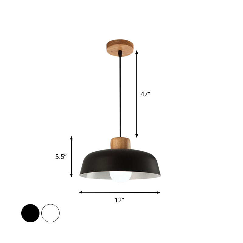 12"/15" W 1 Head Bowl Hanging Fixture Nordic Style Black/White Metal and Wood Pendant Lighting with Adjustable Cord Clearhalo 'Ceiling Lights' 'Modern Pendants' 'Modern' 'Pendant Lights' 'Pendants' Lighting' 600370