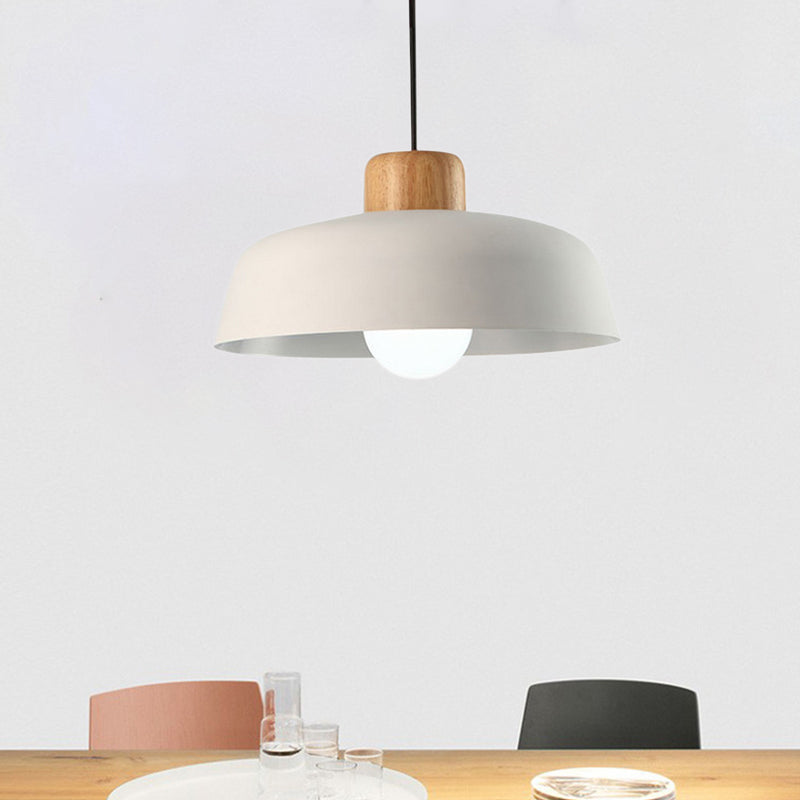 12"/15" W 1 Head Bowl Hanging Fixture Nordic Style Black/White Metal and Wood Pendant Lighting with Adjustable Cord White Clearhalo 'Ceiling Lights' 'Modern Pendants' 'Modern' 'Pendant Lights' 'Pendants' Lighting' 600371