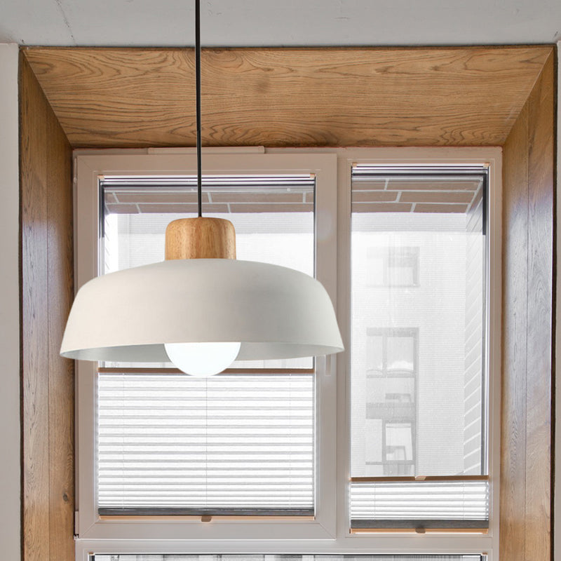 12"/15" W 1 Head Bowl Hanging Fixture Nordic Style Black/White Metal and Wood Pendant Lighting with Adjustable Cord Clearhalo 'Ceiling Lights' 'Modern Pendants' 'Modern' 'Pendant Lights' 'Pendants' Lighting' 600373