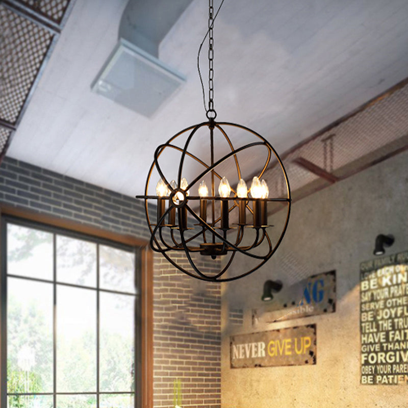 4/5/6/8 Lights Ball Cage Pendant Lighting with Candle Antique Style Black Metal Light Fixture for Dining Room Clearhalo 'Cast Iron' 'Ceiling Lights' 'Chandeliers' 'Industrial Chandeliers' 'Industrial' 'Metal' 'Middle Century Chandeliers' 'Rustic Chandeliers' 'Tiffany' Lighting' 600477