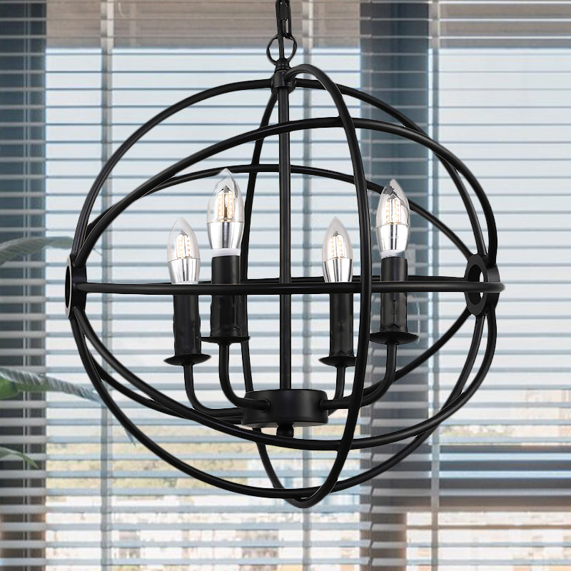 4/5/6/8 Lights Ball Cage Pendant Lighting with Candle Antique Style Black Metal Light Fixture for Dining Room 4 Black Clearhalo 'Cast Iron' 'Ceiling Lights' 'Chandeliers' 'Industrial Chandeliers' 'Industrial' 'Metal' 'Middle Century Chandeliers' 'Rustic Chandeliers' 'Tiffany' Lighting' 600481