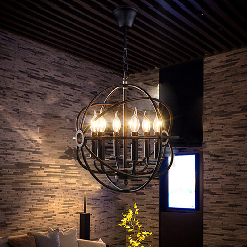 4/5/6/8 Lights Ball Cage Pendant Lighting with Candle Antique Style Black Metal Light Fixture for Dining Room Clearhalo 'Cast Iron' 'Ceiling Lights' 'Chandeliers' 'Industrial Chandeliers' 'Industrial' 'Metal' 'Middle Century Chandeliers' 'Rustic Chandeliers' 'Tiffany' Lighting' 600486