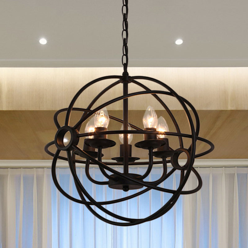 4/5/6/8 Lights Ball Cage Pendant Lighting with Candle Antique Style Black Metal Light Fixture for Dining Room 5 Black Clearhalo 'Cast Iron' 'Ceiling Lights' 'Chandeliers' 'Industrial Chandeliers' 'Industrial' 'Metal' 'Middle Century Chandeliers' 'Rustic Chandeliers' 'Tiffany' Lighting' 600489