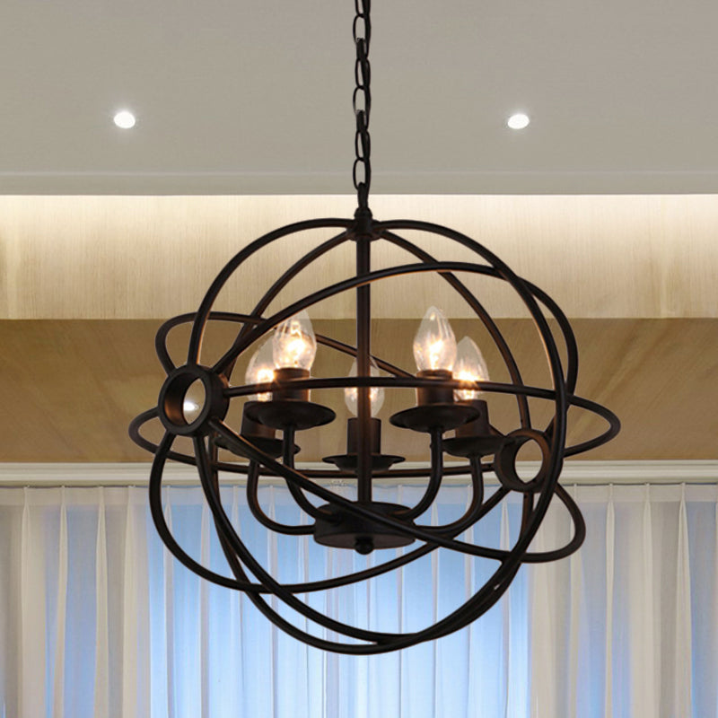 4/5/6/8 Lights Ball Cage Pendant Lighting with Candle Antique Style Black Metal Light Fixture for Dining Room 5 Black Clearhalo 'Cast Iron' 'Ceiling Lights' 'Chandeliers' 'Industrial Chandeliers' 'Industrial' 'Metal' 'Middle Century Chandeliers' 'Rustic Chandeliers' 'Tiffany' Lighting' 600489