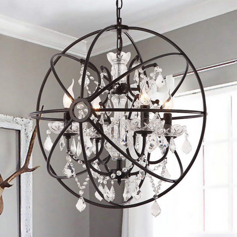4 Bulbs Hanging Lamp Vintage Globe Cage Shade Iron Chandelier Lighting with Clear Crystal Decoration in Black Black Clearhalo 'Cast Iron' 'Ceiling Lights' 'Chandeliers' 'Industrial Chandeliers' 'Industrial' 'Metal' 'Middle Century Chandeliers' 'Rustic Chandeliers' 'Tiffany' Lighting' 600493