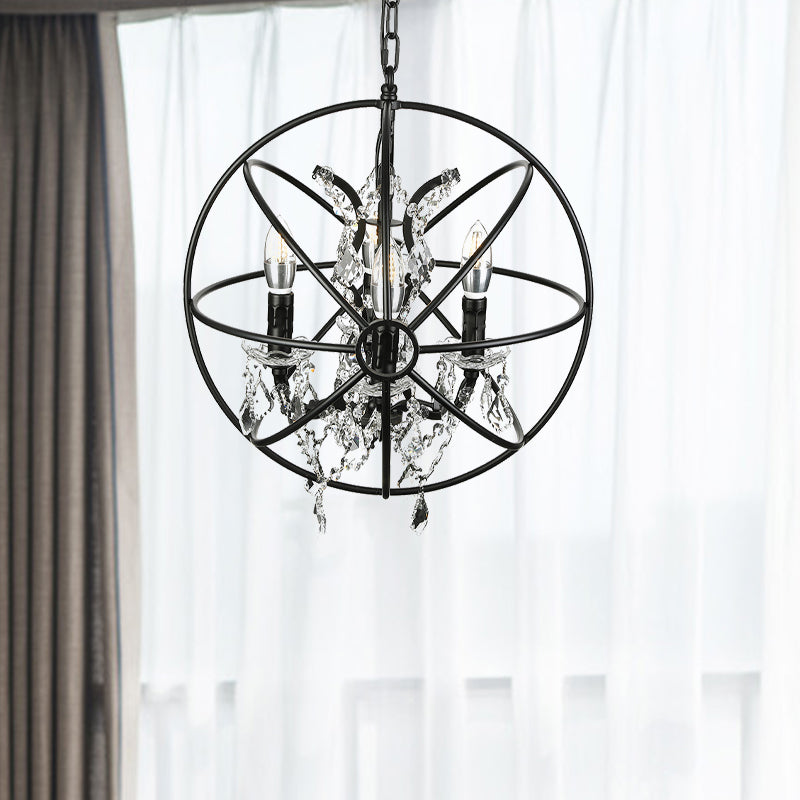 4 Bulbs Hanging Lamp Vintage Globe Cage Shade Iron Chandelier Lighting with Clear Crystal Decoration in Black Clearhalo 'Cast Iron' 'Ceiling Lights' 'Chandeliers' 'Industrial Chandeliers' 'Industrial' 'Metal' 'Middle Century Chandeliers' 'Rustic Chandeliers' 'Tiffany' Lighting' 600494