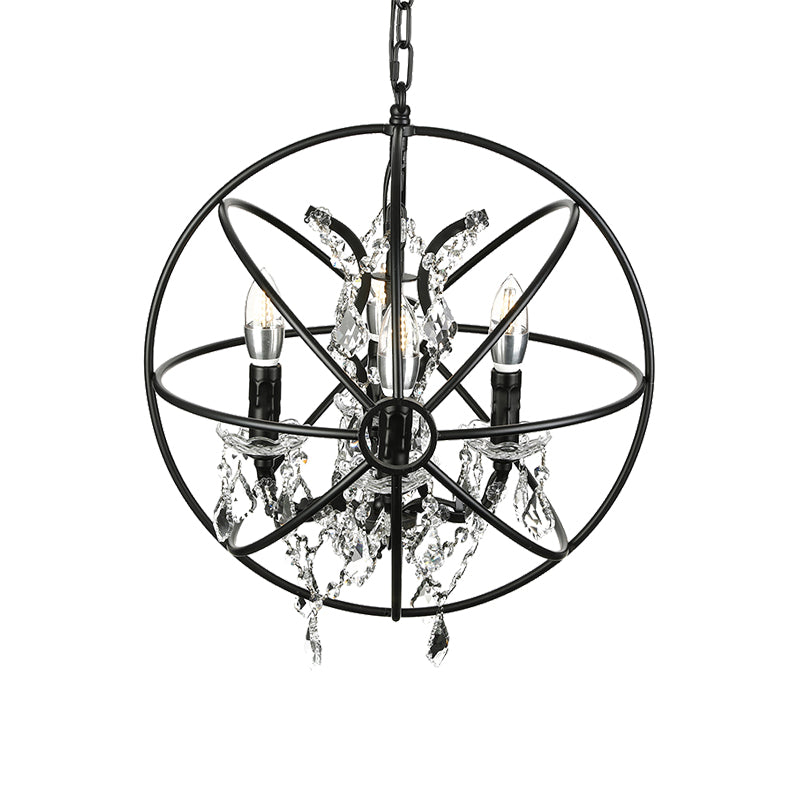 4 Bulbs Hanging Lamp Vintage Globe Cage Shade Iron Chandelier Lighting with Clear Crystal Decoration in Black Clearhalo 'Cast Iron' 'Ceiling Lights' 'Chandeliers' 'Industrial Chandeliers' 'Industrial' 'Metal' 'Middle Century Chandeliers' 'Rustic Chandeliers' 'Tiffany' Lighting' 600495