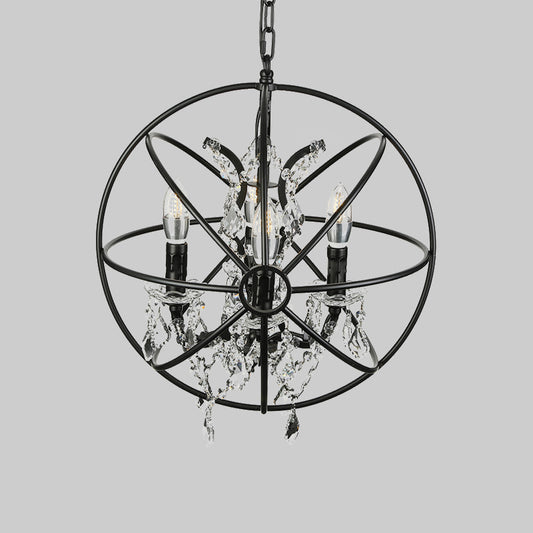 4 Bulbs Hanging Lamp Vintage Globe Cage Shade Iron Chandelier Lighting with Clear Crystal Decoration in Black Clearhalo 'Cast Iron' 'Ceiling Lights' 'Chandeliers' 'Industrial Chandeliers' 'Industrial' 'Metal' 'Middle Century Chandeliers' 'Rustic Chandeliers' 'Tiffany' Lighting' 600496