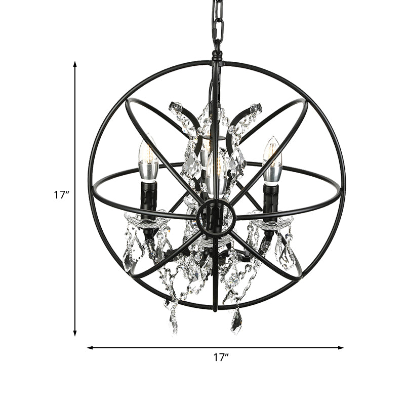 4 Bulbs Hanging Lamp Vintage Globe Cage Shade Iron Chandelier Lighting with Clear Crystal Decoration in Black Clearhalo 'Cast Iron' 'Ceiling Lights' 'Chandeliers' 'Industrial Chandeliers' 'Industrial' 'Metal' 'Middle Century Chandeliers' 'Rustic Chandeliers' 'Tiffany' Lighting' 600497
