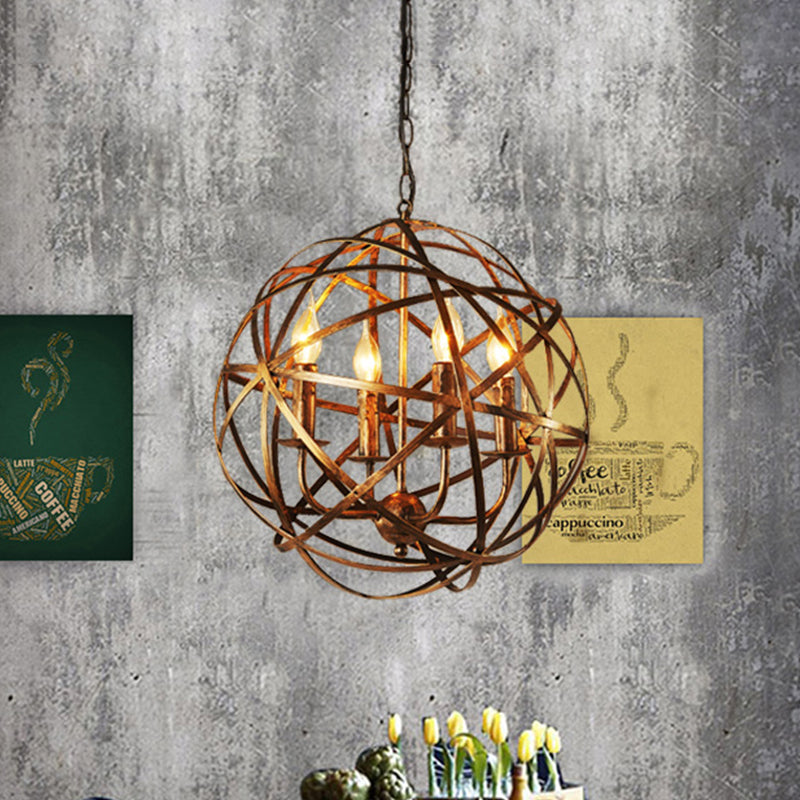 4 Heads Ceiling Light with Iron Globe Cage Shade Vintage Style Dining Room Chandelier Light Fixture in Antique Brass Antique Brass Clearhalo 'Cast Iron' 'Ceiling Lights' 'Chandeliers' 'Industrial Chandeliers' 'Industrial' 'Metal' 'Middle Century Chandeliers' 'Rustic Chandeliers' 'Tiffany' Lighting' 600498