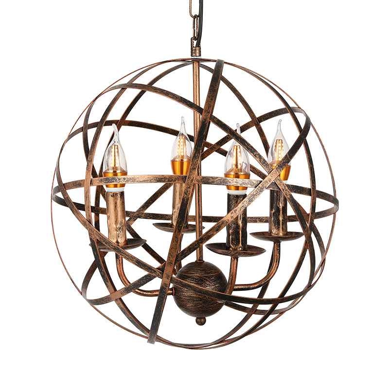 4 Heads Ceiling Light with Iron Globe Cage Shade Vintage Style Dining Room Chandelier Light Fixture in Antique Brass Clearhalo 'Cast Iron' 'Ceiling Lights' 'Chandeliers' 'Industrial Chandeliers' 'Industrial' 'Metal' 'Middle Century Chandeliers' 'Rustic Chandeliers' 'Tiffany' Lighting' 600501