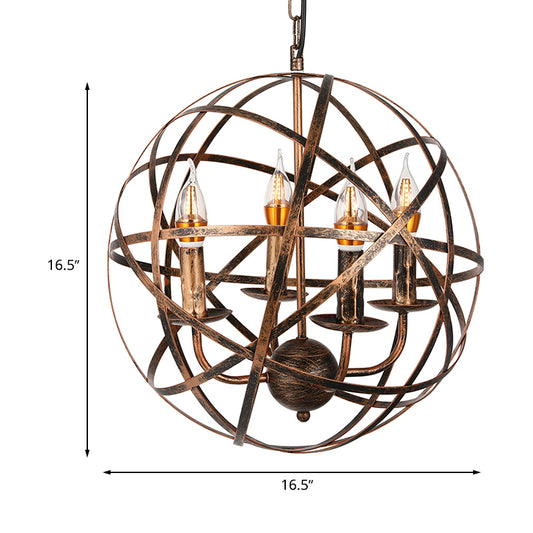 4 Heads Ceiling Light with Iron Globe Cage Shade Vintage Style Dining Room Chandelier Light Fixture in Antique Brass Clearhalo 'Cast Iron' 'Ceiling Lights' 'Chandeliers' 'Industrial Chandeliers' 'Industrial' 'Metal' 'Middle Century Chandeliers' 'Rustic Chandeliers' 'Tiffany' Lighting' 600502