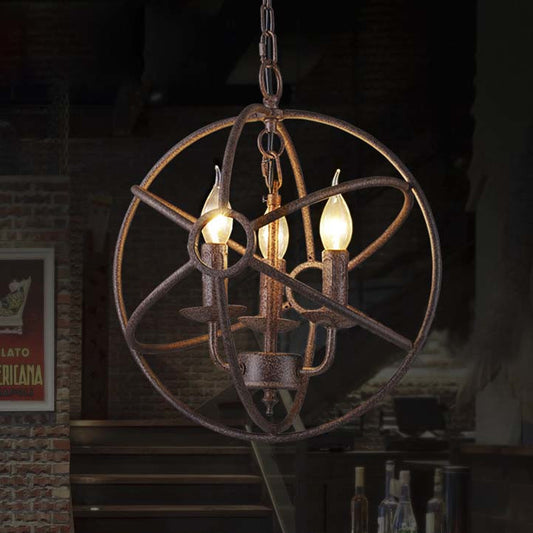 Spherical Wrought Iron Hanging Light with Wire Frame Antique Style 3/6/7 Lights Indoor Chandelier Lamp in Black/Rust 3 Rust Clearhalo 'Cast Iron' 'Ceiling Lights' 'Chandeliers' 'Industrial Chandeliers' 'Industrial' 'Metal' 'Middle Century Chandeliers' 'Rustic Chandeliers' 'Tiffany' Lighting' 600503