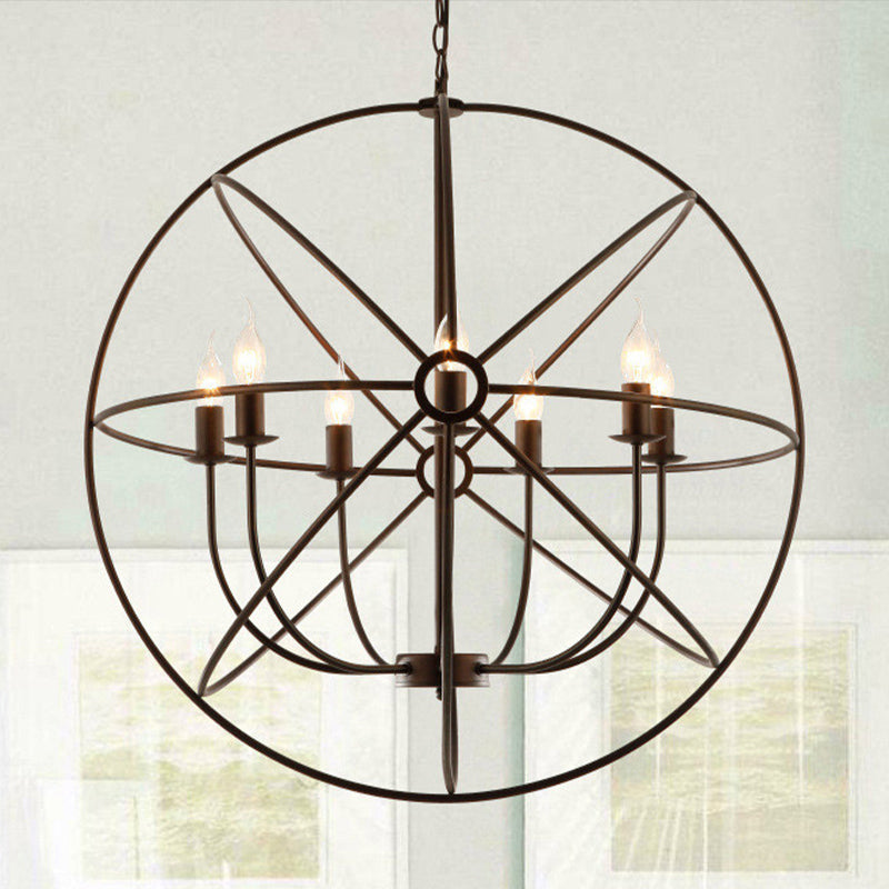 Spherical Wrought Iron Hanging Light with Wire Frame Antique Style 3/6/7 Lights Indoor Chandelier Lamp in Black/Rust 6 Rust Clearhalo 'Cast Iron' 'Ceiling Lights' 'Chandeliers' 'Industrial Chandeliers' 'Industrial' 'Metal' 'Middle Century Chandeliers' 'Rustic Chandeliers' 'Tiffany' Lighting' 600508