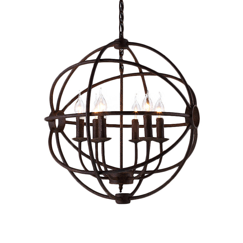Spherical Wrought Iron Hanging Light with Wire Frame Antique Style 3/6/7 Lights Indoor Chandelier Lamp in Black/Rust Clearhalo 'Cast Iron' 'Ceiling Lights' 'Chandeliers' 'Industrial Chandeliers' 'Industrial' 'Metal' 'Middle Century Chandeliers' 'Rustic Chandeliers' 'Tiffany' Lighting' 600514