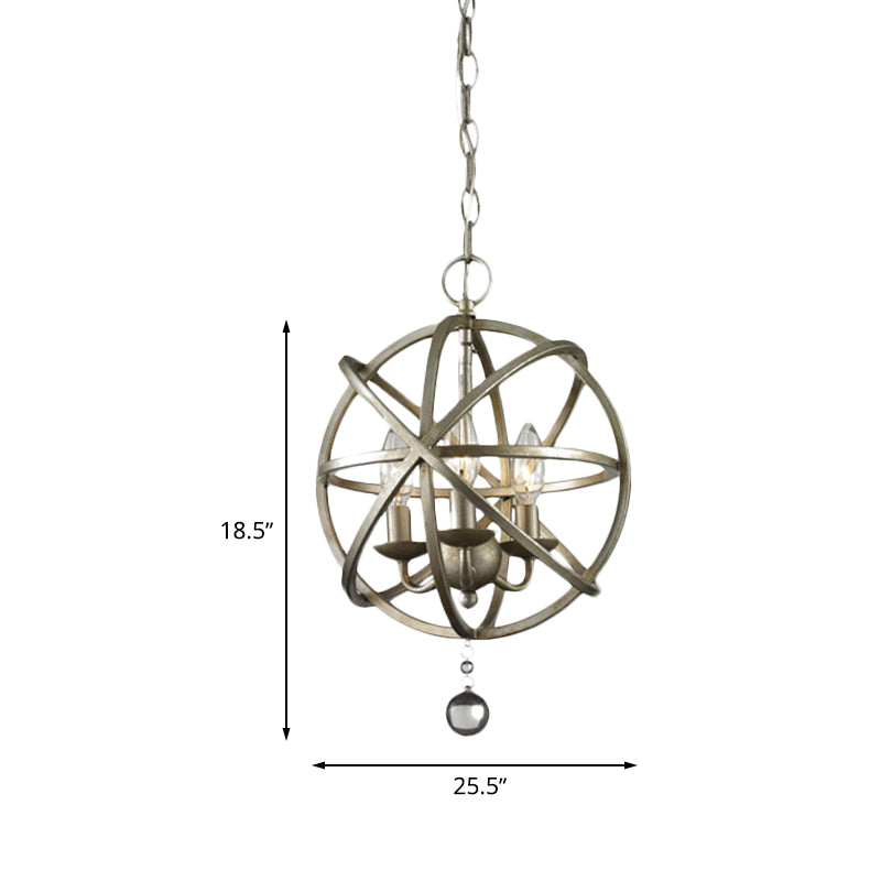 Orb Caged Kitchen Chandelier Lamp Farmhouse Style Iron 3 Lights Pewter Finish Pendant Lighting with Crystal Decoration Clearhalo 'Cast Iron' 'Ceiling Lights' 'Chandeliers' 'Industrial Chandeliers' 'Industrial' 'Metal' 'Middle Century Chandeliers' 'Rustic Chandeliers' 'Tiffany' Lighting' 600520