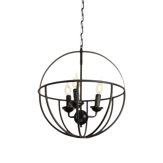 Black Circle Hanging Lamp with Cage Shade Antique Metallic 3-Light Restaurant Chandelier Light Fixture Clearhalo 'Cast Iron' 'Ceiling Lights' 'Chandeliers' 'Industrial Chandeliers' 'Industrial' 'Metal' 'Middle Century Chandeliers' 'Rustic Chandeliers' 'Tiffany' Lighting' 600547