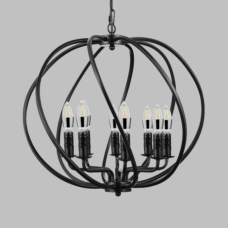 Black Round Cage Chandelier Lighting Industrial Metal 8 Lights Dining Room Large Pendant Light with Candle Decoration Clearhalo 'Cast Iron' 'Ceiling Lights' 'Chandeliers' 'Industrial Chandeliers' 'Industrial' 'Metal' 'Middle Century Chandeliers' 'Rustic Chandeliers' 'Tiffany' Lighting' 600553
