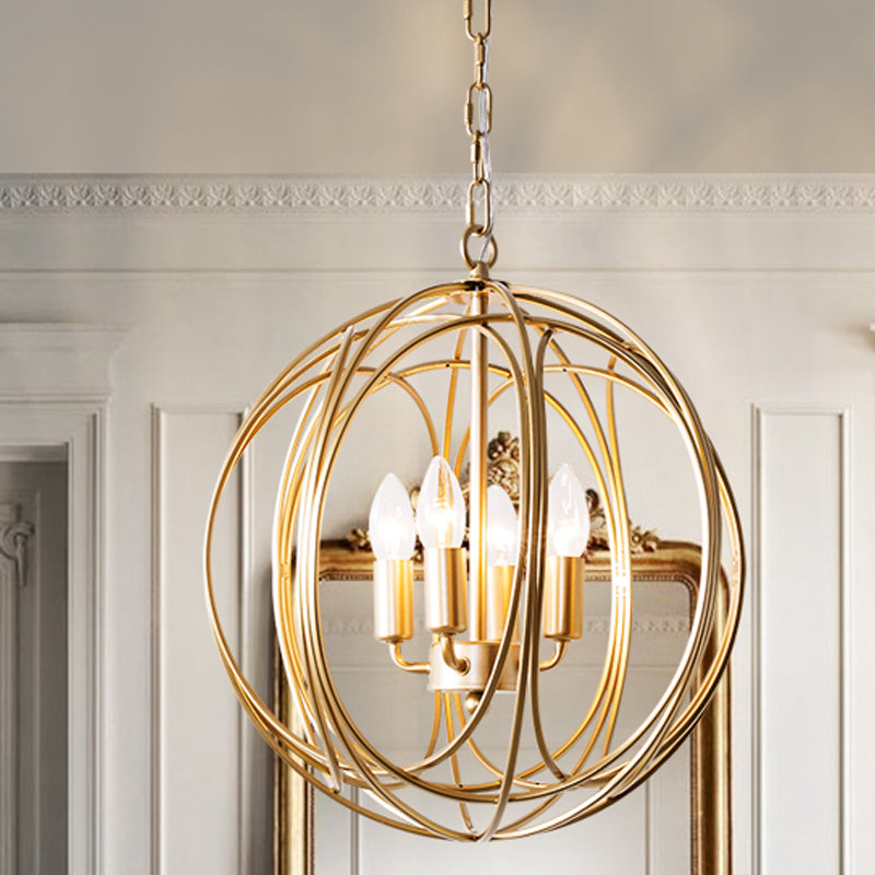 Metallic Orbit Cage Shade Chandelier Lamp Vintage Style 3 Lights Indoor Ceiling Fixture with Adjustable Chain Gold Clearhalo 'Cast Iron' 'Ceiling Lights' 'Chandeliers' 'Industrial Chandeliers' 'Industrial' 'Metal' 'Middle Century Chandeliers' 'Rustic Chandeliers' 'Tiffany' Lighting' 600555