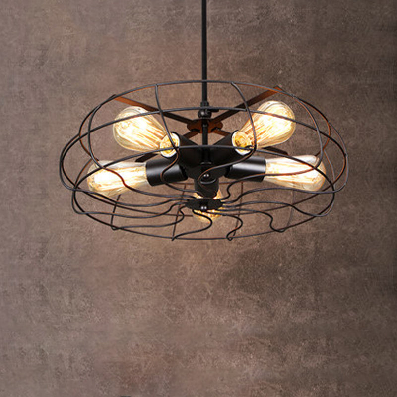 5 Bulbs Pendant Lighting Vintage Round Cage Shade Wrought Iron Chandelier Lamp with Cord/Chain in Black/Rust Clearhalo 'Cast Iron' 'Ceiling Lights' 'Chandeliers' 'Industrial Chandeliers' 'Industrial' 'Metal' 'Middle Century Chandeliers' 'Rustic Chandeliers' 'Tiffany' Lighting' 600653