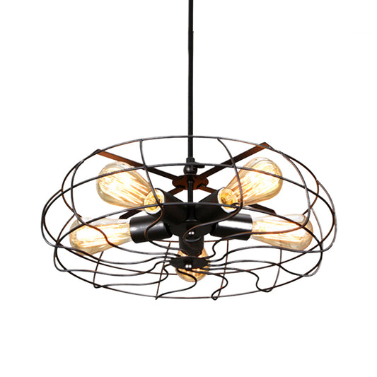 5 Bulbs Pendant Lighting Vintage Round Cage Shade Wrought Iron Chandelier Lamp with Cord/Chain in Black/Rust Clearhalo 'Cast Iron' 'Ceiling Lights' 'Chandeliers' 'Industrial Chandeliers' 'Industrial' 'Metal' 'Middle Century Chandeliers' 'Rustic Chandeliers' 'Tiffany' Lighting' 600654