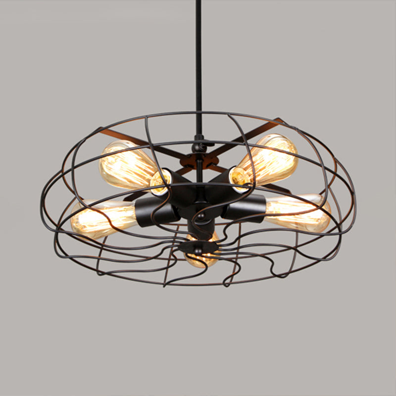 5 Bulbs Pendant Lighting Vintage Round Cage Shade Wrought Iron Chandelier Lamp with Cord/Chain in Black/Rust Clearhalo 'Cast Iron' 'Ceiling Lights' 'Chandeliers' 'Industrial Chandeliers' 'Industrial' 'Metal' 'Middle Century Chandeliers' 'Rustic Chandeliers' 'Tiffany' Lighting' 600655