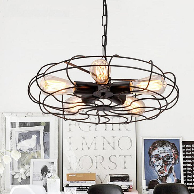 5 Bulbs Pendant Lighting Vintage Round Cage Shade Wrought Iron Chandelier Lamp with Cord/Chain in Black/Rust Clearhalo 'Cast Iron' 'Ceiling Lights' 'Chandeliers' 'Industrial Chandeliers' 'Industrial' 'Metal' 'Middle Century Chandeliers' 'Rustic Chandeliers' 'Tiffany' Lighting' 600658