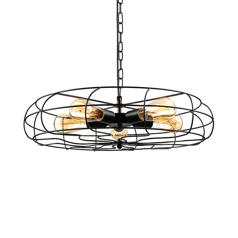 5 Bulbs Pendant Lighting Vintage Round Cage Shade Wrought Iron Chandelier Lamp with Cord/Chain in Black/Rust Clearhalo 'Cast Iron' 'Ceiling Lights' 'Chandeliers' 'Industrial Chandeliers' 'Industrial' 'Metal' 'Middle Century Chandeliers' 'Rustic Chandeliers' 'Tiffany' Lighting' 600659
