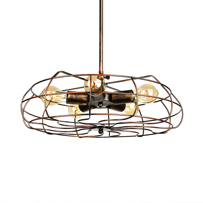 5 Bulbs Pendant Lighting Vintage Round Cage Shade Wrought Iron Chandelier Lamp with Cord/Chain in Black/Rust Clearhalo 'Cast Iron' 'Ceiling Lights' 'Chandeliers' 'Industrial Chandeliers' 'Industrial' 'Metal' 'Middle Century Chandeliers' 'Rustic Chandeliers' 'Tiffany' Lighting' 600663