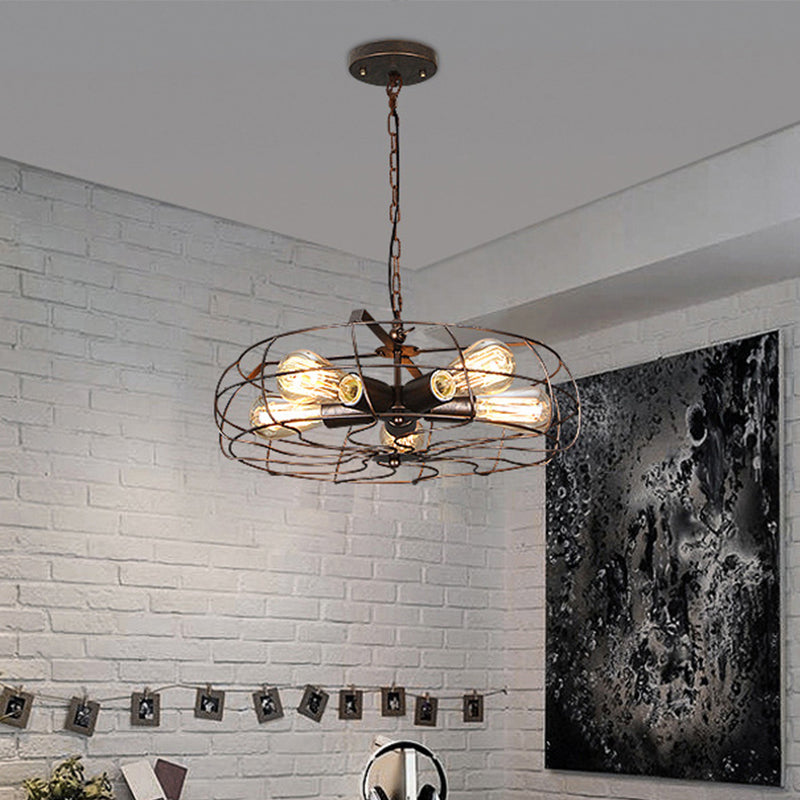 5 Bulbs Pendant Lighting Vintage Round Cage Shade Wrought Iron Chandelier Lamp with Cord/Chain in Black/Rust Clearhalo 'Cast Iron' 'Ceiling Lights' 'Chandeliers' 'Industrial Chandeliers' 'Industrial' 'Metal' 'Middle Century Chandeliers' 'Rustic Chandeliers' 'Tiffany' Lighting' 600665
