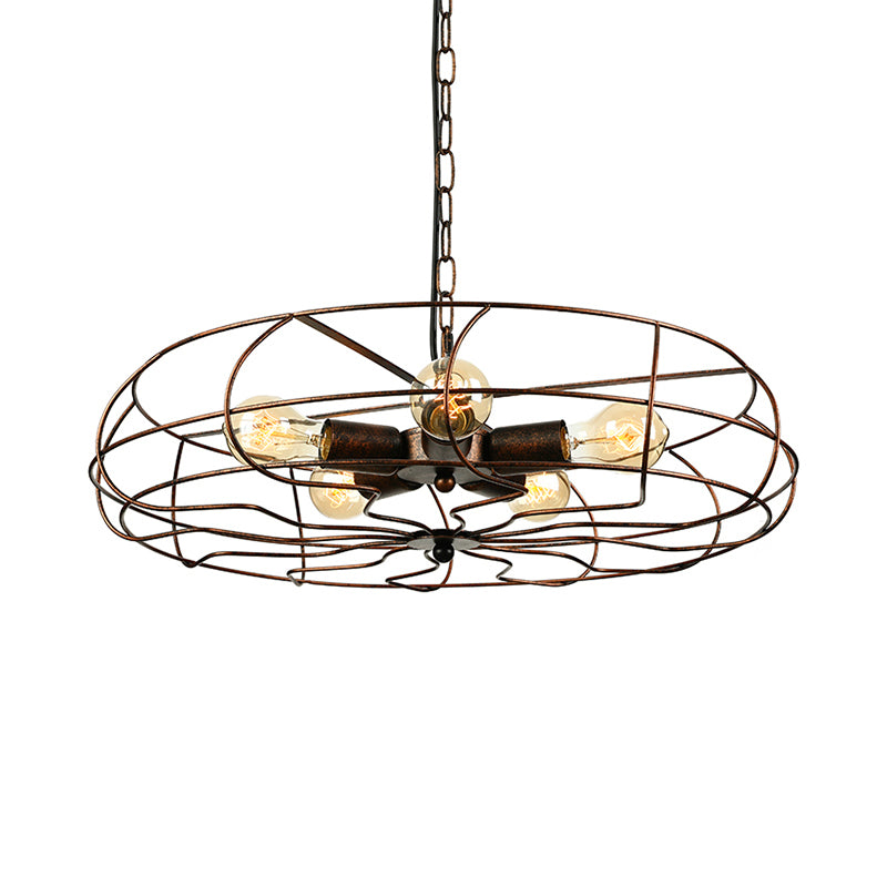 5 Bulbs Pendant Lighting Vintage Round Cage Shade Wrought Iron Chandelier Lamp with Cord/Chain in Black/Rust Clearhalo 'Cast Iron' 'Ceiling Lights' 'Chandeliers' 'Industrial Chandeliers' 'Industrial' 'Metal' 'Middle Century Chandeliers' 'Rustic Chandeliers' 'Tiffany' Lighting' 600666