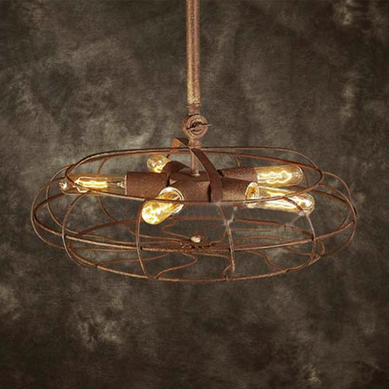 Fan Shape Farmhouse Ceiling Light with Wire Frame Rustic Wrought Iron 5 Bulbs Dark Rust Chandelier Lamp Rust Clearhalo 'Cast Iron' 'Ceiling Lights' 'Chandeliers' 'Industrial Chandeliers' 'Industrial' 'Metal' 'Middle Century Chandeliers' 'Rustic Chandeliers' 'Tiffany' Lighting' 600667