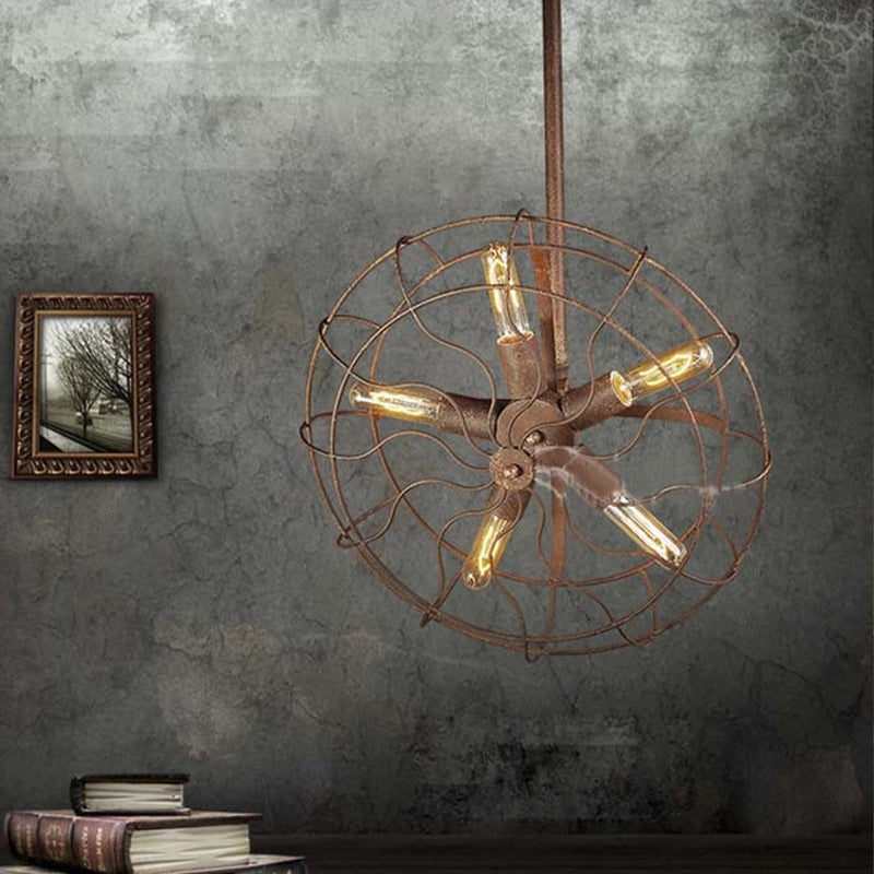 Fan Shape Farmhouse Ceiling Light with Wire Frame Rustic Wrought Iron 5 Bulbs Dark Rust Chandelier Lamp Clearhalo 'Cast Iron' 'Ceiling Lights' 'Chandeliers' 'Industrial Chandeliers' 'Industrial' 'Metal' 'Middle Century Chandeliers' 'Rustic Chandeliers' 'Tiffany' Lighting' 600668