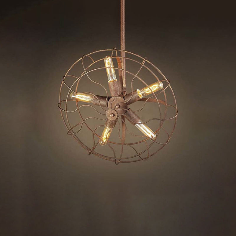 Fan Shape Farmhouse Ceiling Light with Wire Frame Rustic Wrought Iron 5 Bulbs Dark Rust Chandelier Lamp Clearhalo 'Cast Iron' 'Ceiling Lights' 'Chandeliers' 'Industrial Chandeliers' 'Industrial' 'Metal' 'Middle Century Chandeliers' 'Rustic Chandeliers' 'Tiffany' Lighting' 600670