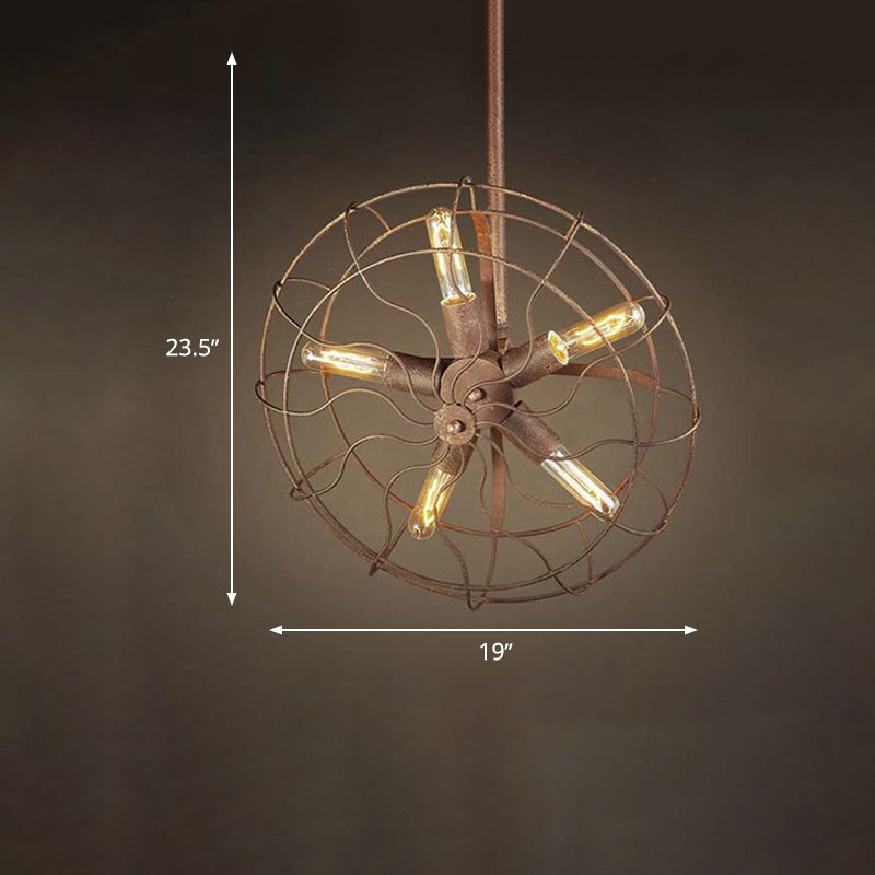 Fan Shape Farmhouse Ceiling Light with Wire Frame Rustic Wrought Iron 5 Bulbs Dark Rust Chandelier Lamp Clearhalo 'Cast Iron' 'Ceiling Lights' 'Chandeliers' 'Industrial Chandeliers' 'Industrial' 'Metal' 'Middle Century Chandeliers' 'Rustic Chandeliers' 'Tiffany' Lighting' 600671