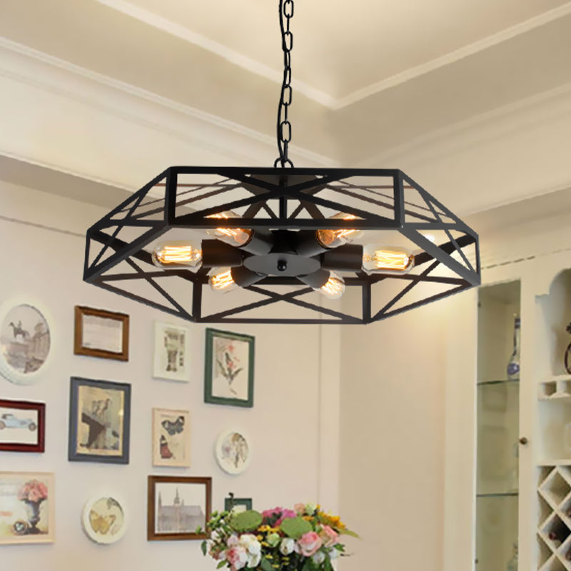 Geometric Iron Chandelier Lamp Farmhouse 6 Lights Restaurant Pendant Ceiling Light with Wire Cage Shade in Black Black Clearhalo 'Cast Iron' 'Ceiling Lights' 'Chandeliers' 'Industrial Chandeliers' 'Industrial' 'Metal' 'Middle Century Chandeliers' 'Rustic Chandeliers' 'Tiffany' Lighting' 600672
