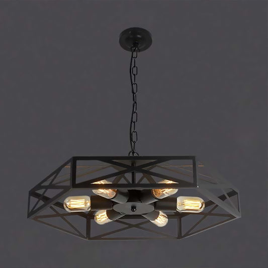 Geometric Iron Chandelier Lamp Farmhouse 6 Lights Restaurant Pendant Ceiling Light with Wire Cage Shade in Black Clearhalo 'Cast Iron' 'Ceiling Lights' 'Chandeliers' 'Industrial Chandeliers' 'Industrial' 'Metal' 'Middle Century Chandeliers' 'Rustic Chandeliers' 'Tiffany' Lighting' 600675