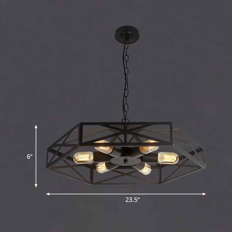 Geometric Iron Chandelier Lamp Farmhouse 6 Lights Restaurant Pendant Ceiling Light with Wire Cage Shade in Black Clearhalo 'Cast Iron' 'Ceiling Lights' 'Chandeliers' 'Industrial Chandeliers' 'Industrial' 'Metal' 'Middle Century Chandeliers' 'Rustic Chandeliers' 'Tiffany' Lighting' 600676