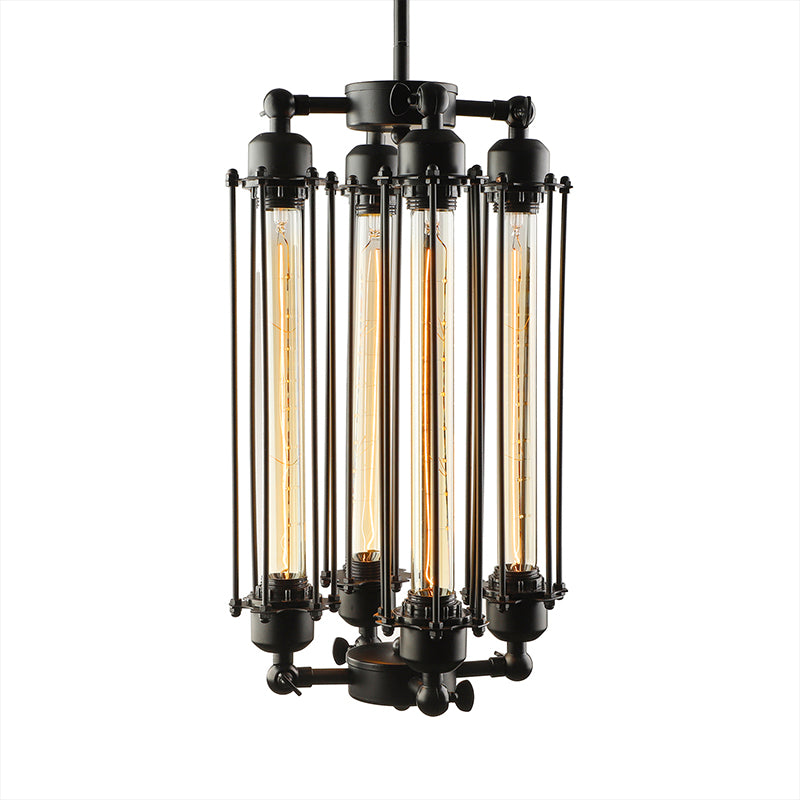 4 Lights Vertical/Horizontal Chandelier Lamp with Tube Cage Shade Iron Industrial Style Indoor Hanging Fixture in Black Clearhalo 'Cast Iron' 'Ceiling Lights' 'Chandeliers' 'Industrial Chandeliers' 'Industrial' 'Metal' 'Middle Century Chandeliers' 'Rustic Chandeliers' 'Tiffany' Lighting' 600684